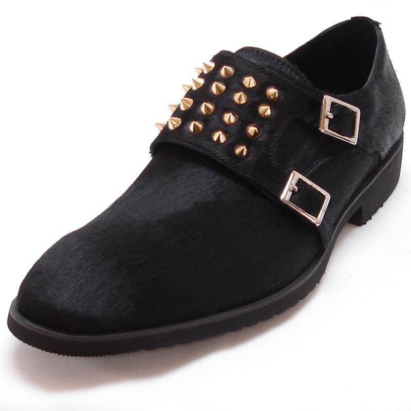 New Handmade Black Pony Hair Loafer Shoes With Gold Studs And Silver