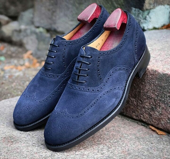 Handmade Men’s Navy Blue Suede Shoes, Men’s Lace up Wing Tip Brogue