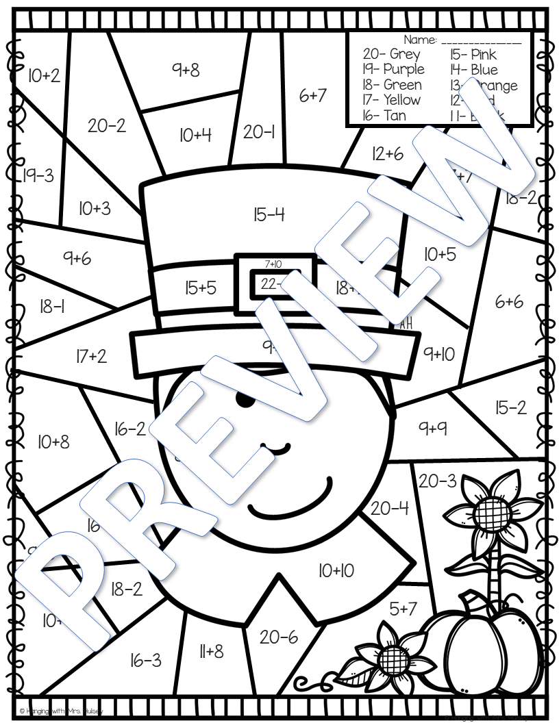 Thanksgiving Color by Number Addition and Subtraction My WordPress