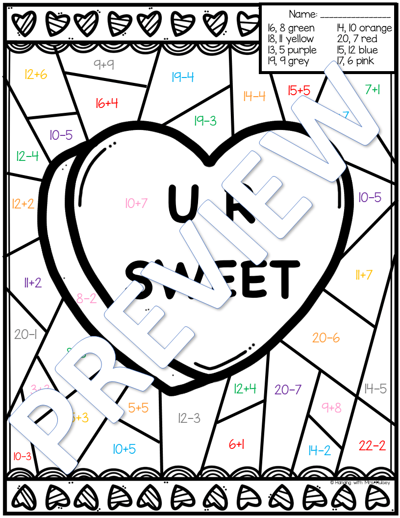 Valentine Color by Number Addition and Subtraction My WordPress