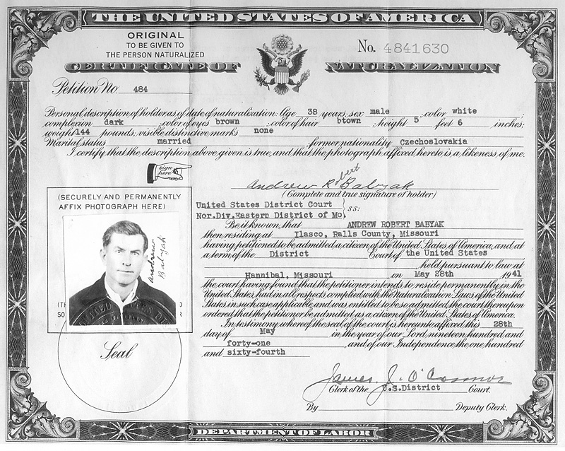 Andrew Babyak's Certificate of Naturalization