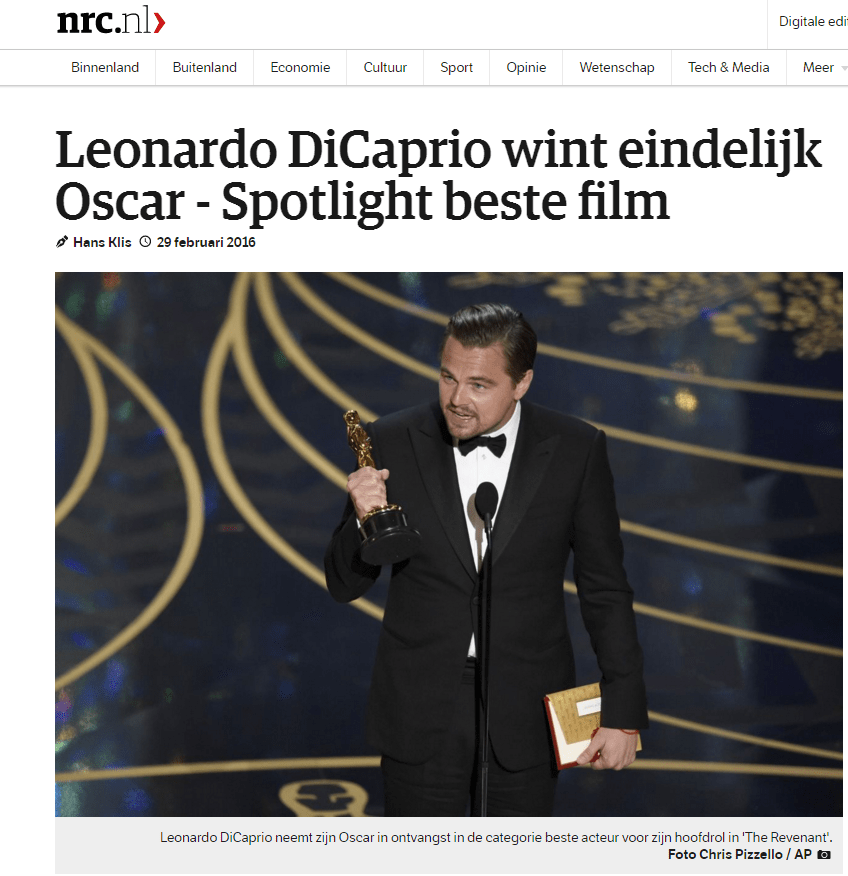 Leonardo DiCaprio wint eindelijk Oscar Spotlight beste film Hans Klis