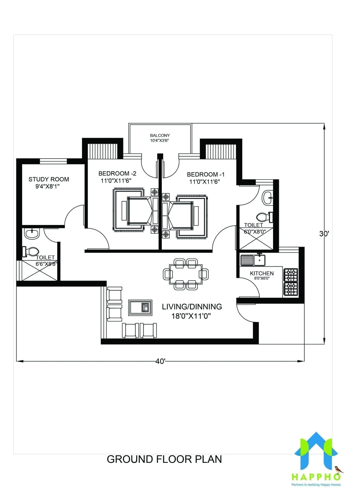Floor Plan for 30 X 40 Feet plot 2BHK (1200 Square Feet)