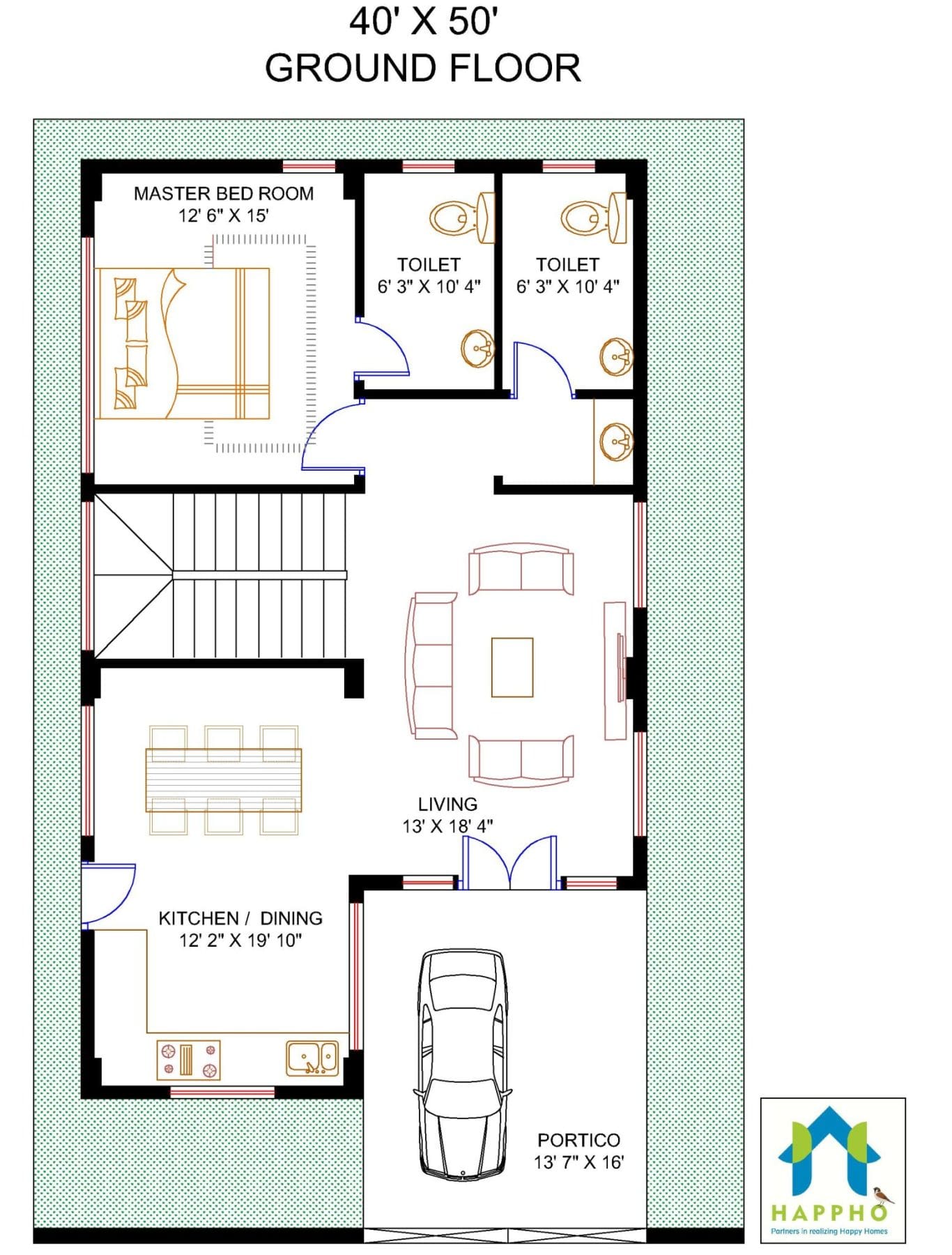 Floor Plan for 40 X 50 Feet Plot 1BHK (2000 Square Feet/222 Sq Yards
