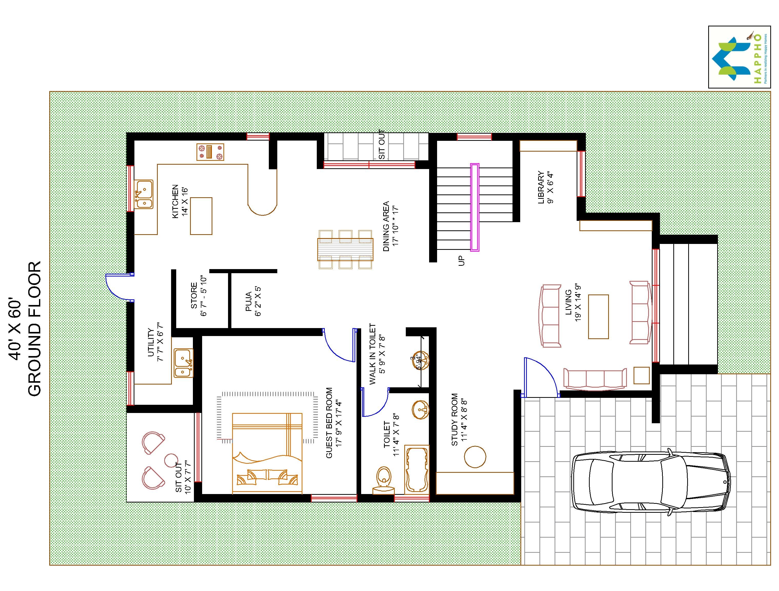 Floor Plan for 40 X 60 Plot 3BHK (2400 Square Feet/266 SquareYards