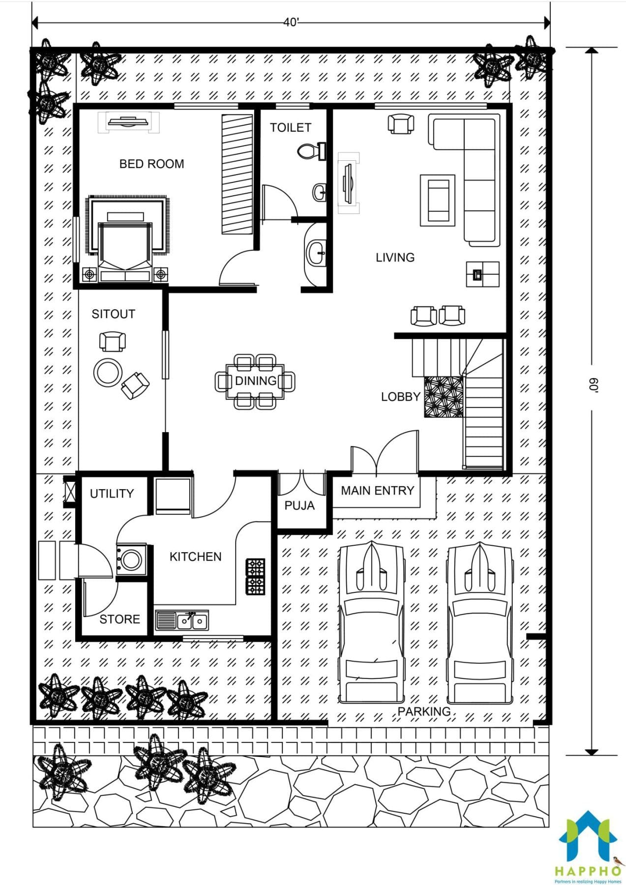 Floor Plan for 40 X 50 Feet plot 1BHK (2000 Square Feet/222 Sq Yards