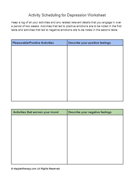 Activity Scheduling For Depression Worksheet | HappierTHERAPY