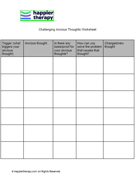 Challenging Anxious Thoughts Worksheet | HappierTHERAPY