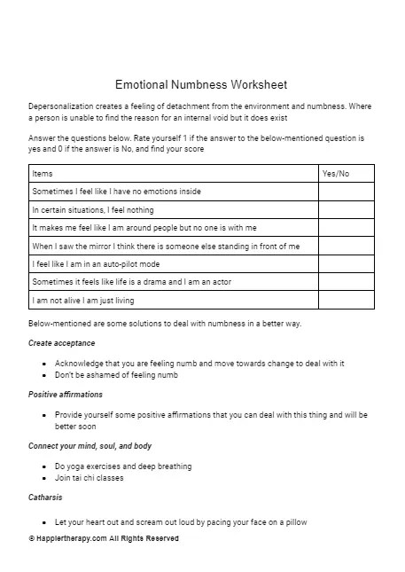 Emotional Numbness Worksheet | HappierTHERAPY