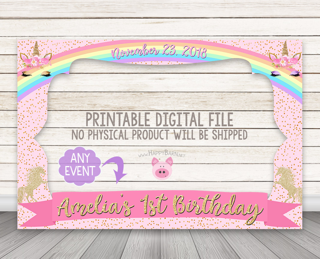 printable gold pastel rainbow unicorn photo booth frame