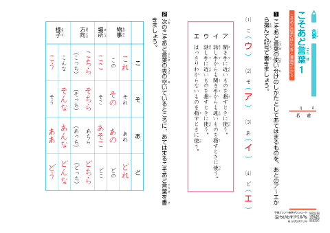 こそあど言葉をマスターしよう】意外に難しい指示語の正しい使い分けとライティング時のコツ 小学生 国語 語彙【指示語（こそあど言葉）】 練習問題プリント （小学２年生から）｜ちびむすドリル【小学生】