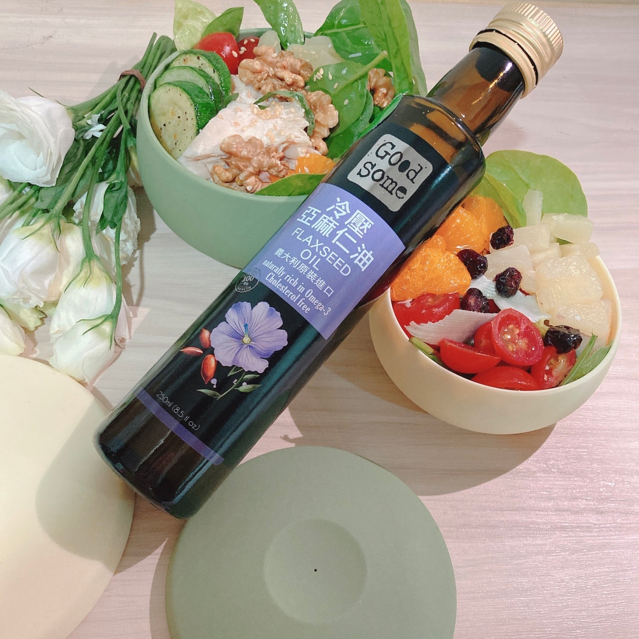 食用油推薦，伴食生菜沙拉、麵線、蔬菜的最佳配角，內涵Omega-3多元不飽和脂肪酸｜GoodSome義大利頂級冷壓亞麻仁油