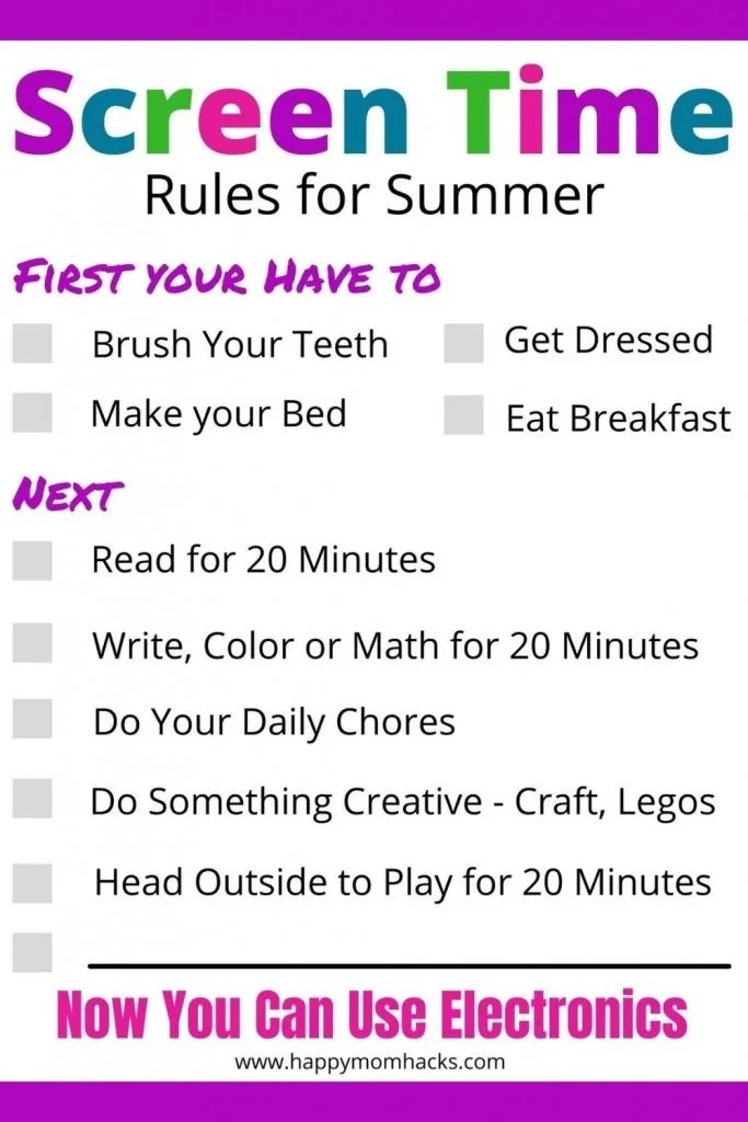 Printable Summer Rules Checklist for Screen Time (FREE) Happy Mom Hacks