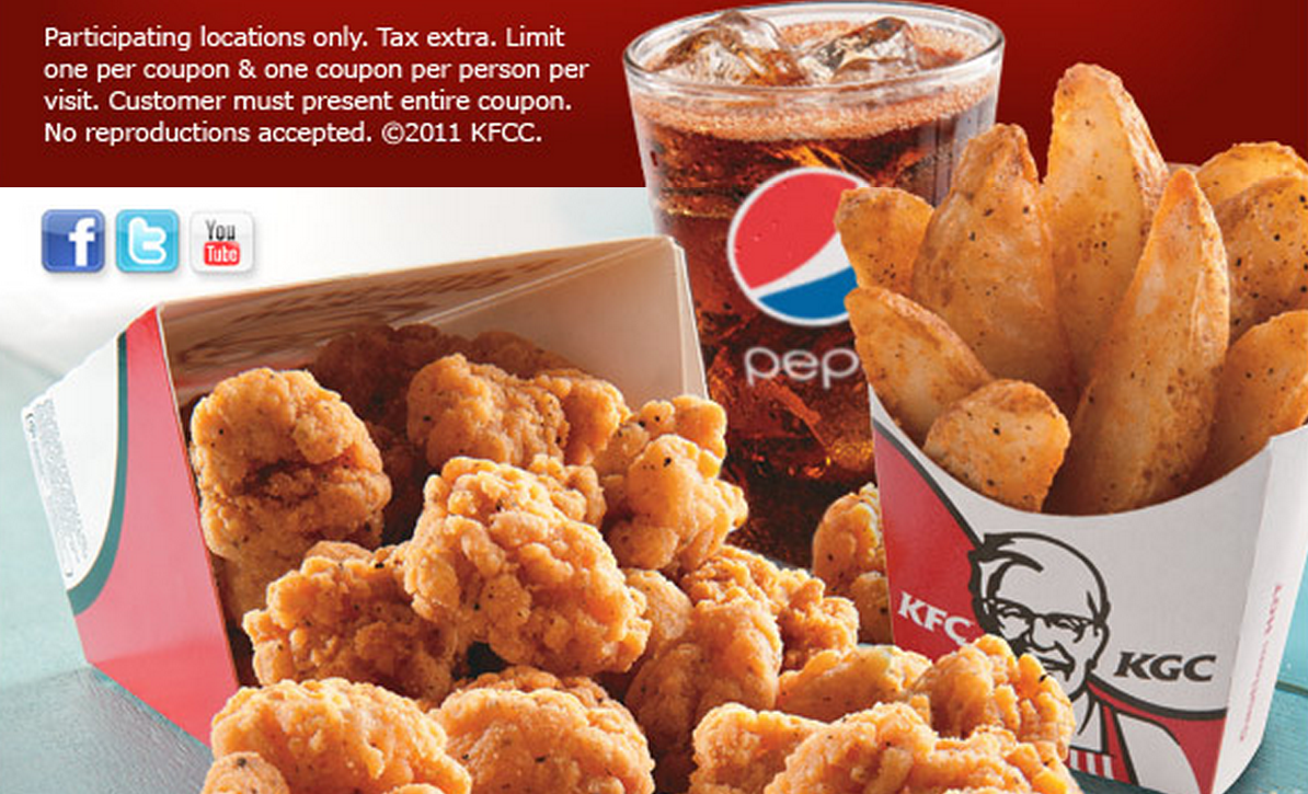 KFC Coupon 3.99 for popcorn chicken, pop + fries! Happy Money Saver