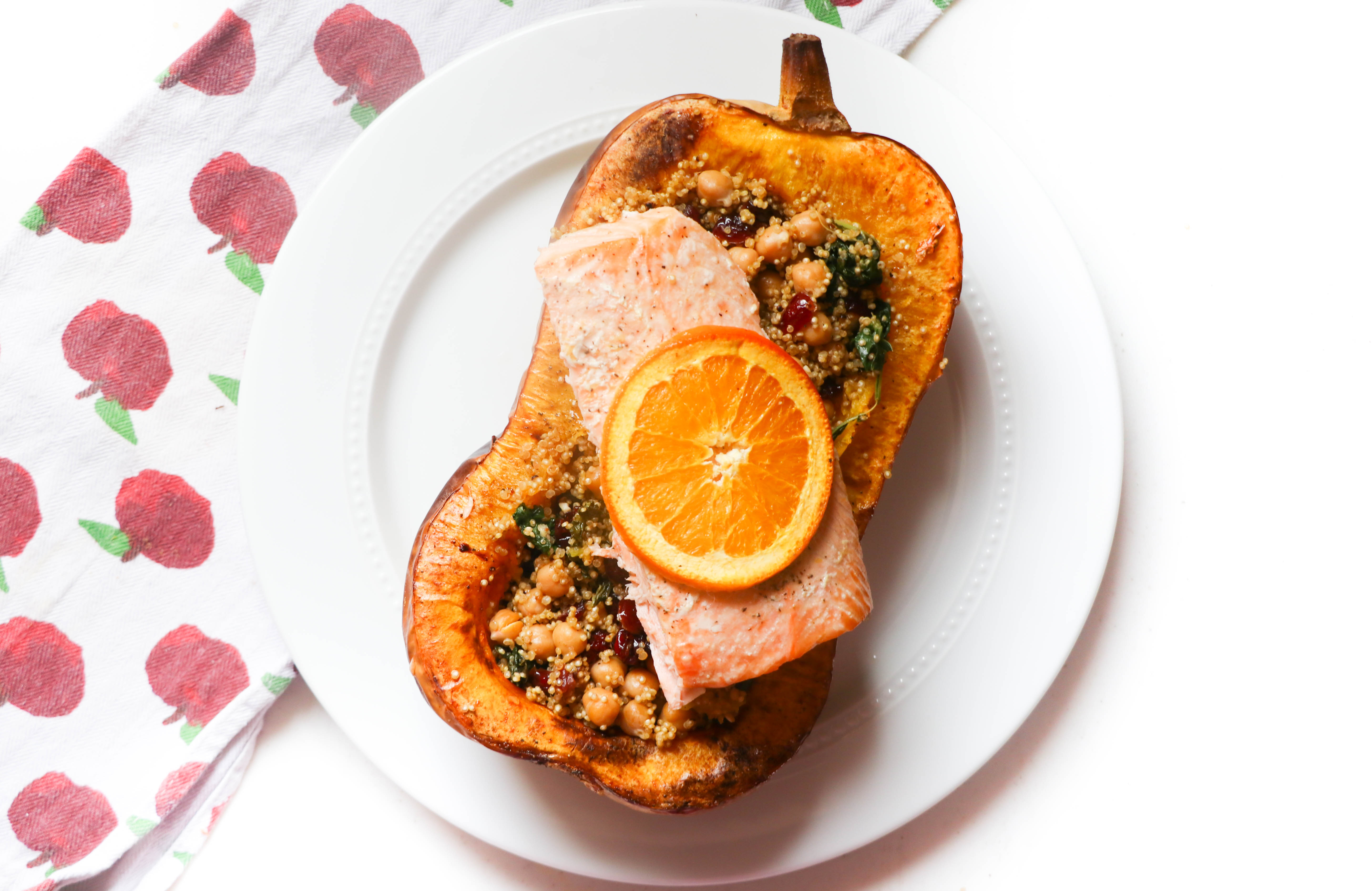 Quinoa Stuffed Butternut Squash Topped with Salmon • Harbor Fish Market