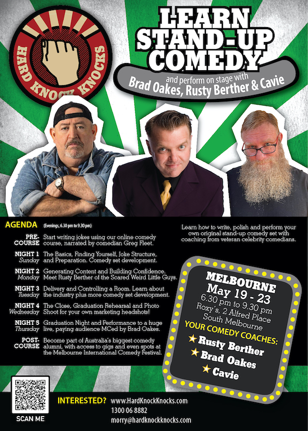 Learn standup comedy in Melbourne, May 2024 with Rusty Berther
