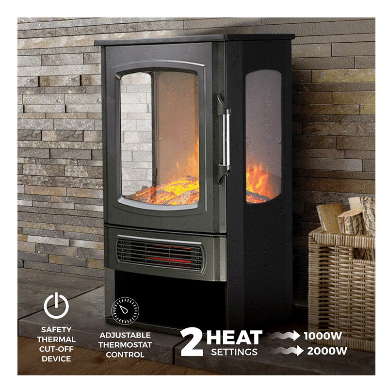 De Vielle Premium 3D Tall Electric Stove Black 2000W Hardware Heaven