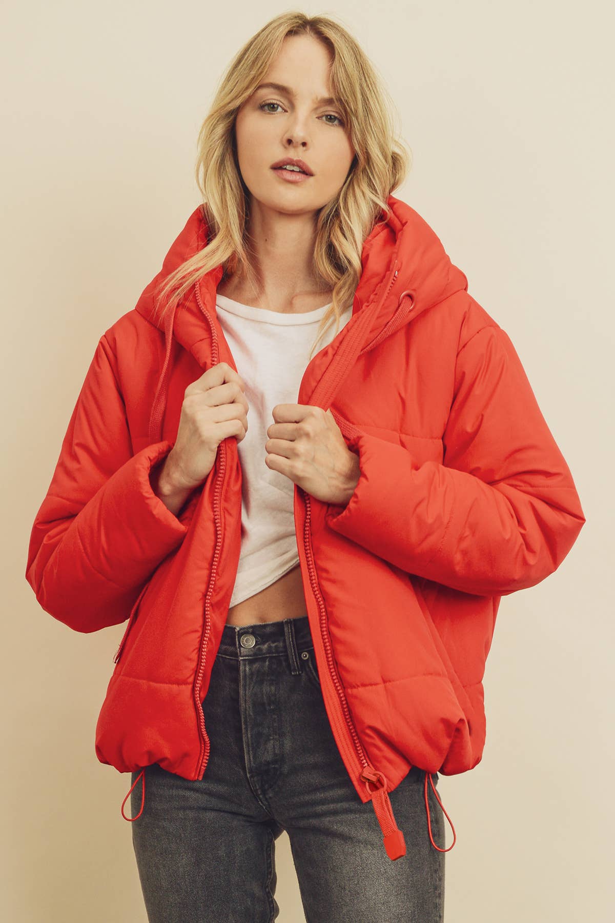 Drawstring Hem Hooded Puffer Jacket Red Harper + Hudson