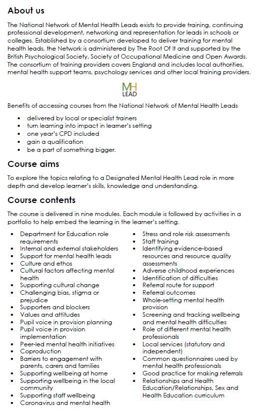 Designated Mental Health Lead Training Programmes 2024 Chafford
