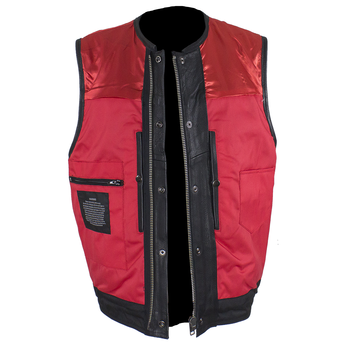 Mens Zippered No Collar Club Vest with Red Liner Top Quality Bikers
