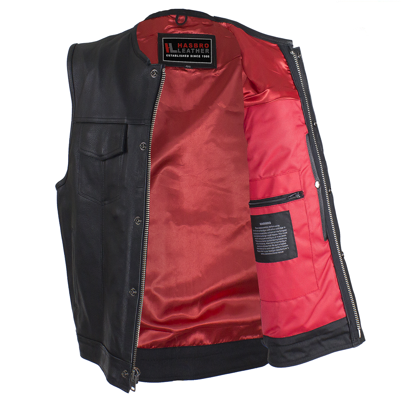 Mens Zippered No Collar Club Vest with Red Liner Top Quality Bikers