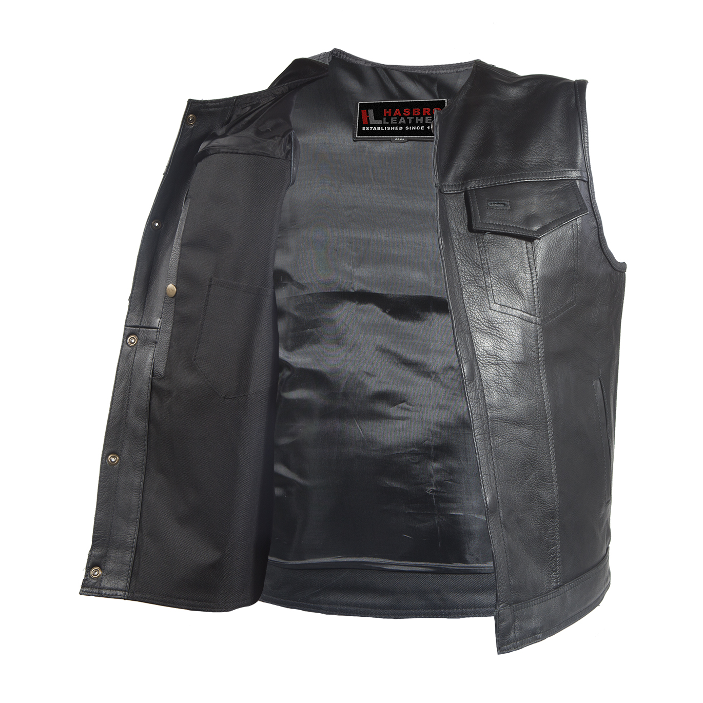 Mens No Collar Leather Club Vest With Black Liner Top Quality Bikers