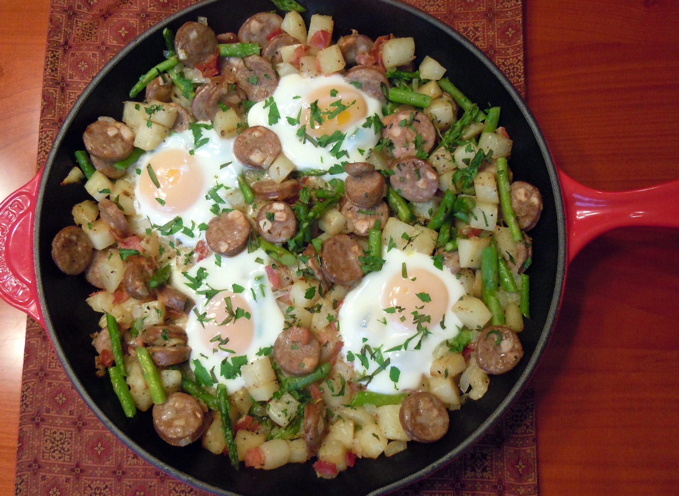 Chicken Apple Sausage Hash with Pancetta, Asparagus and Baked Eggs