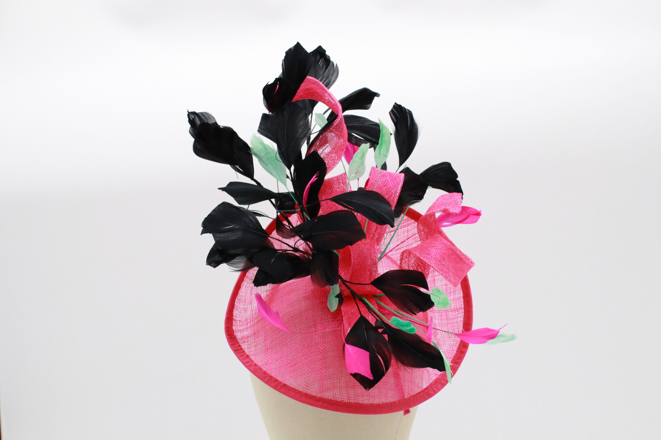 Hot Pink Fascinator with Black, Pink and Green Feathers - Hat Rack