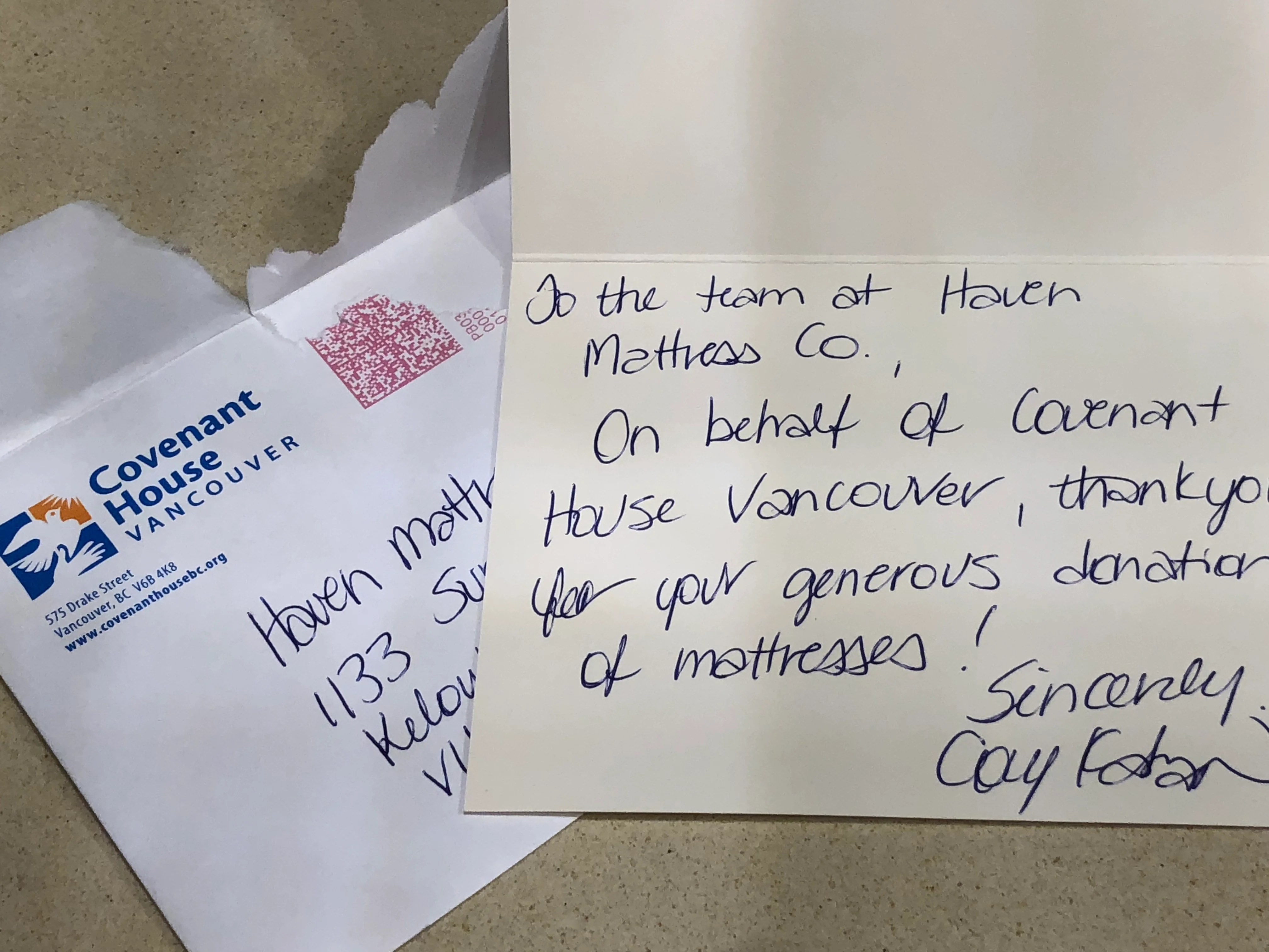 Covenant House Charity mattress donations Haven CANADA