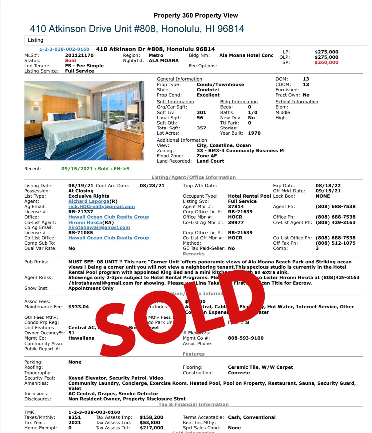 !!Sold!! Ala Moana Hotel studio Hawaii Ocean Club Realty Group