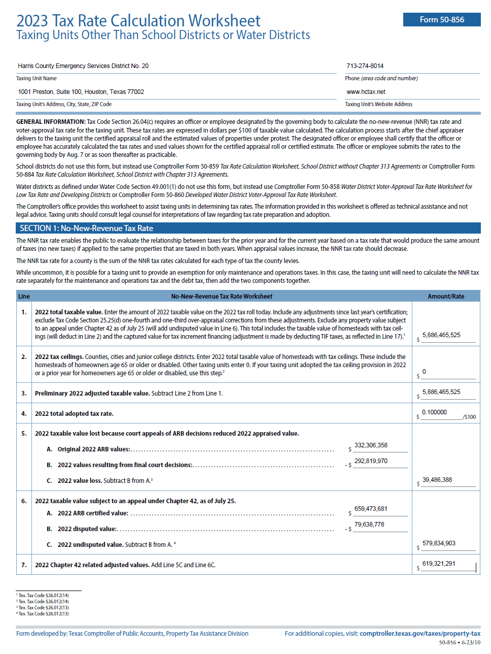 2023 Tax Rate Calculation Worksheet Harris County ESD No. 20