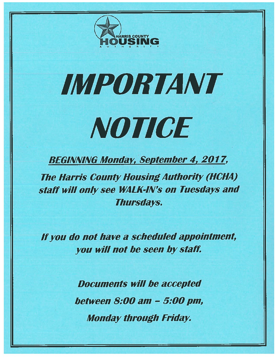 IMPORTANT NOTICE**** HCHA