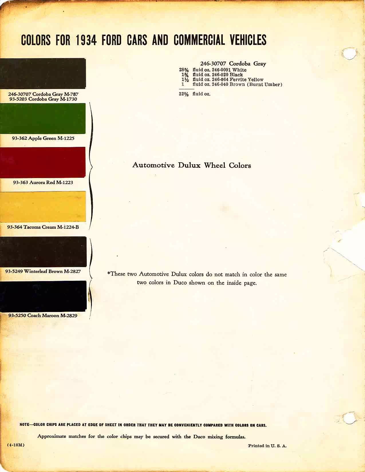 1934 Paint Codes and Color Charts