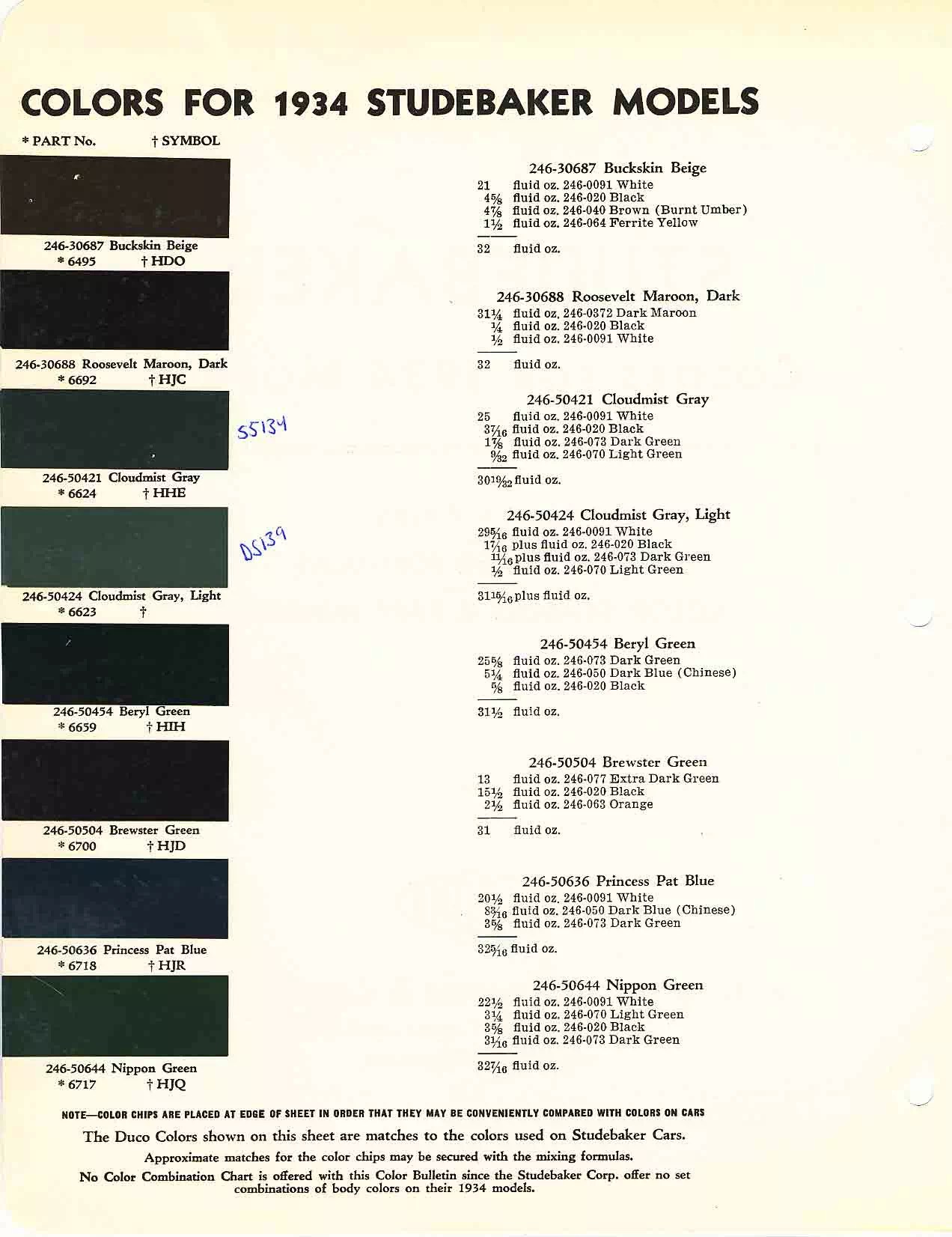 1934 Paint Codes and Color Charts