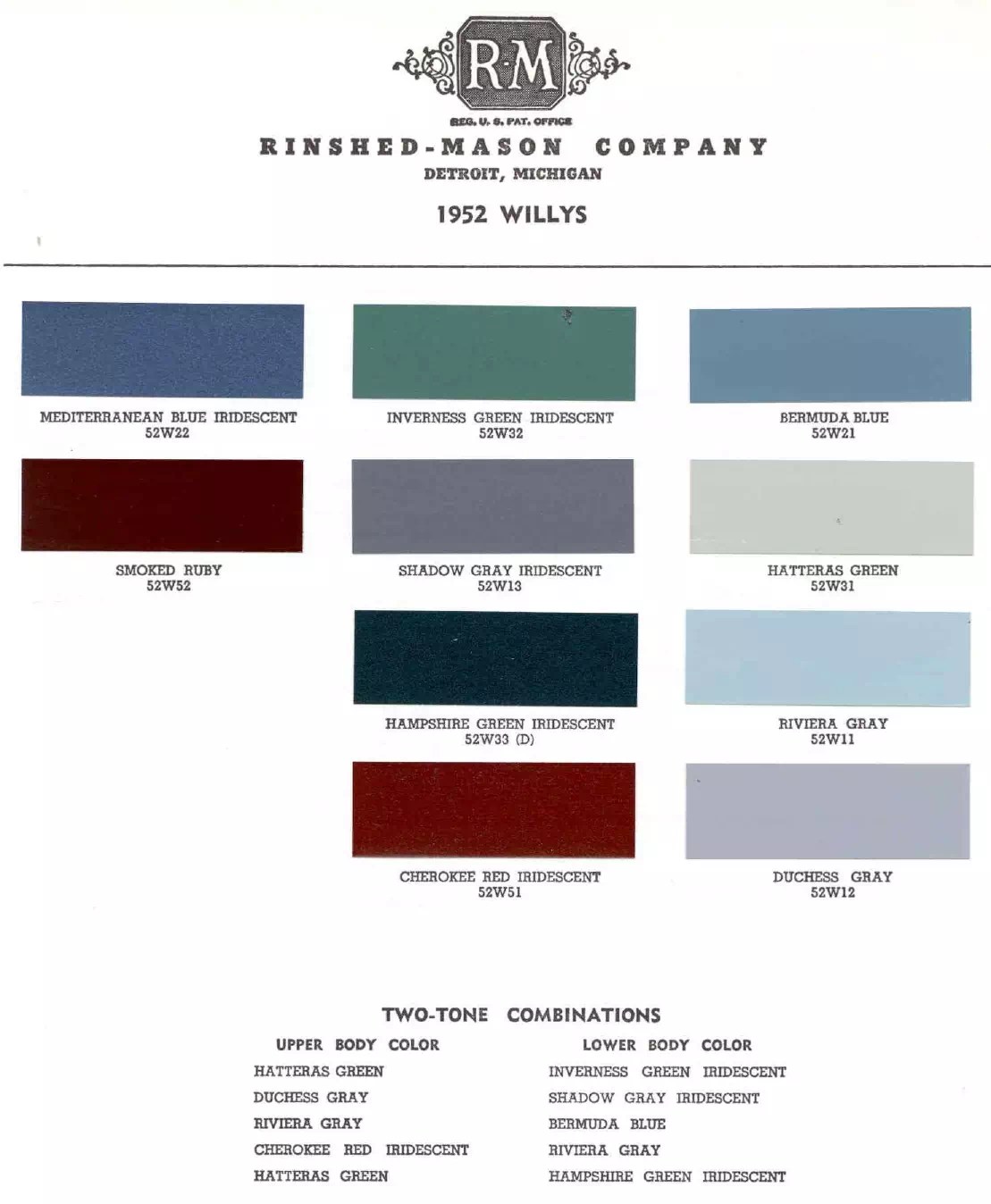 1952 Paint Code Color Book