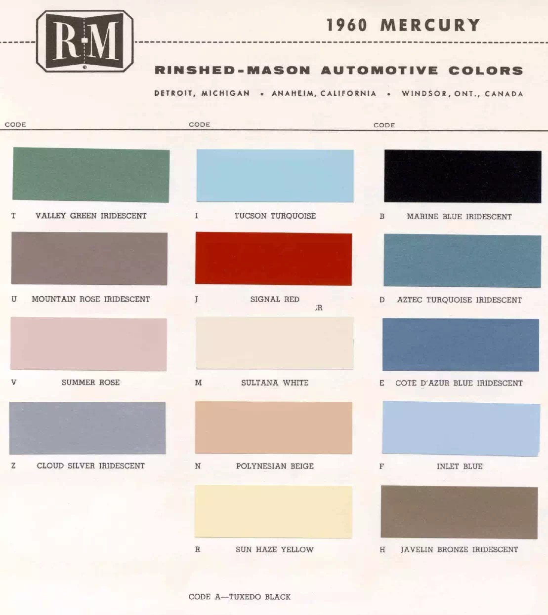 1960 Automotive Paint Code Color Book