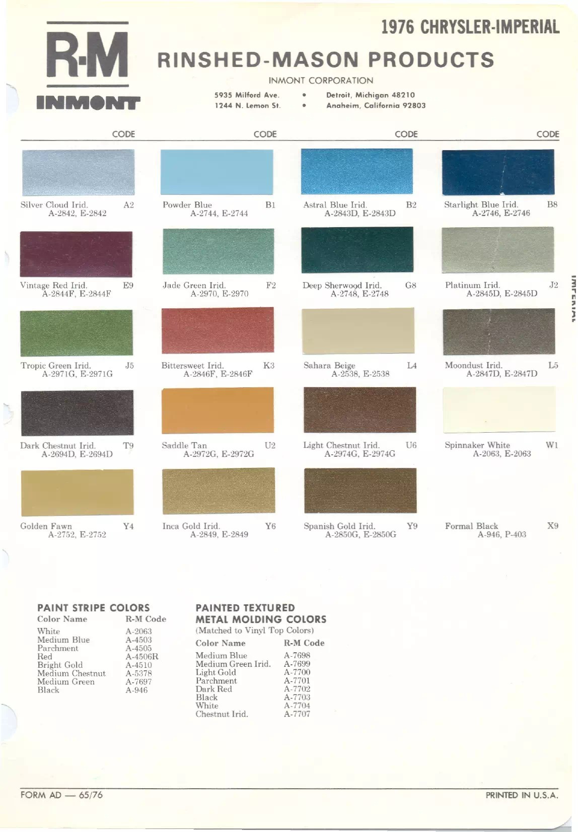 1976 Automotive Paint Code Color Book