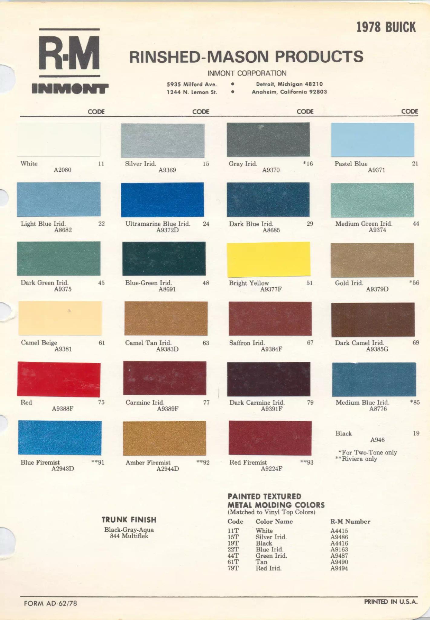 1978 Automotive Paint Code Color Book