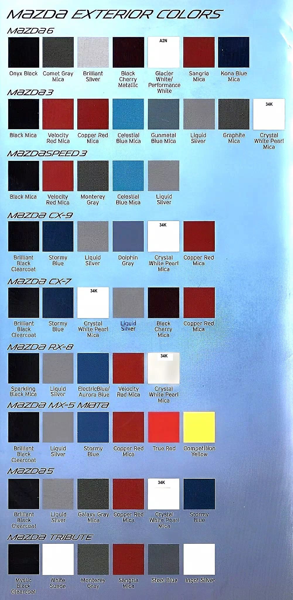 2010 Mazda Paint Codes & Color Charts