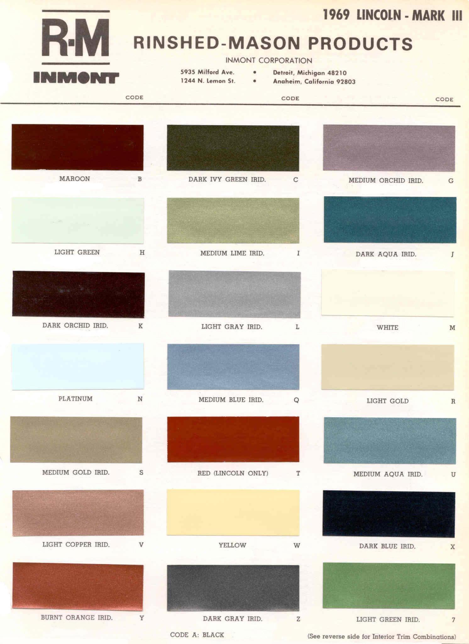 Lincoln Paint Codes and Color Charts