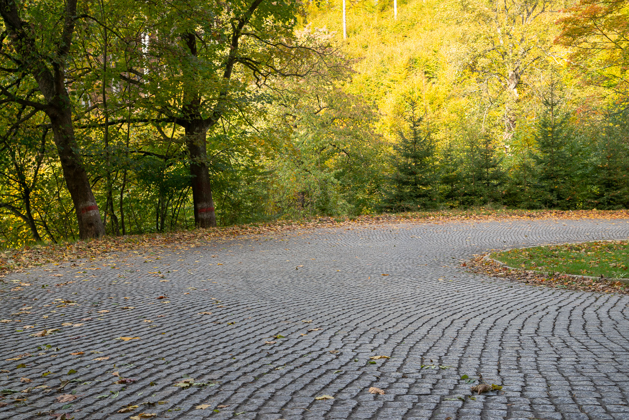 Autumn old brick road Car Rendering HDRI Map and 26 backplates HDRMAPS™