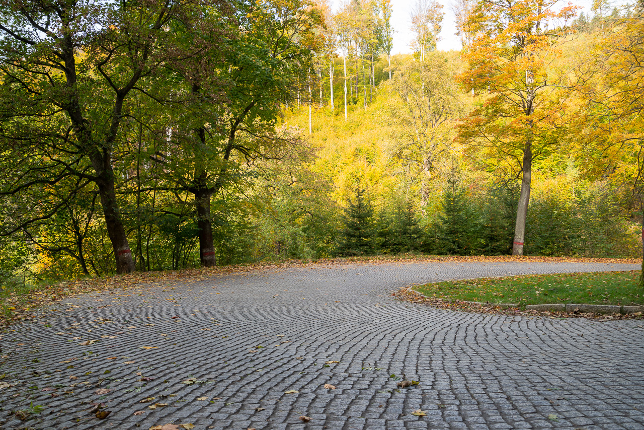 Autumn old brick road Car Rendering HDRI Map and 26 backplates HDRMAPS™