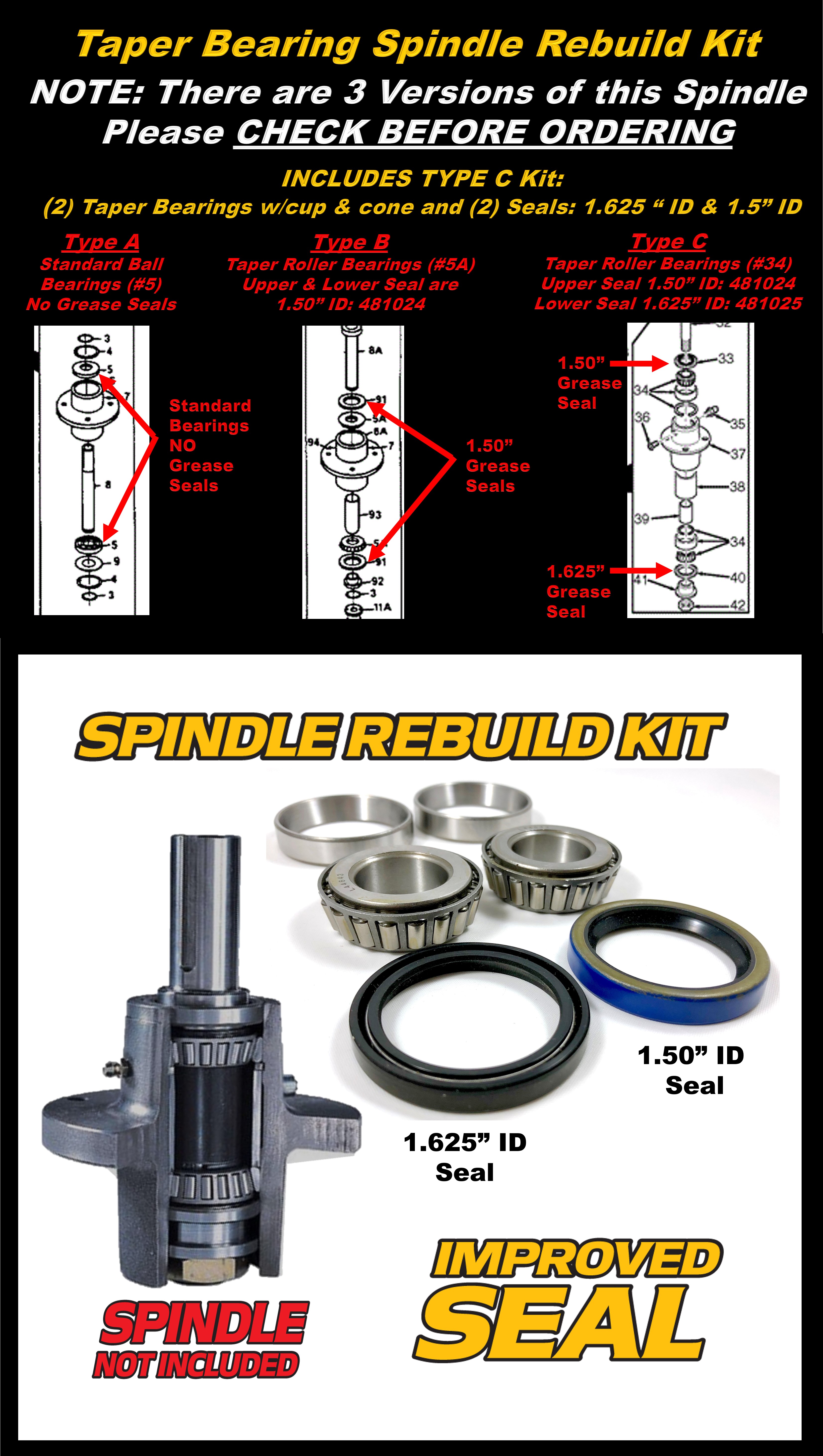 (1 Kit) Scag Spindle Rebuild Kit 461697, 46977 Seals & Taper Bearings