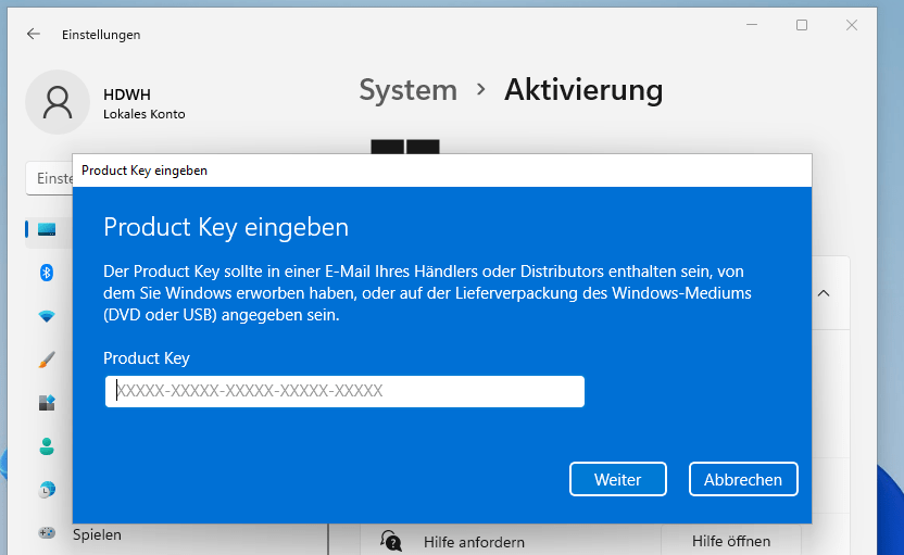 Windows 11 generische Key eingeben und Windows 11 aktivieren