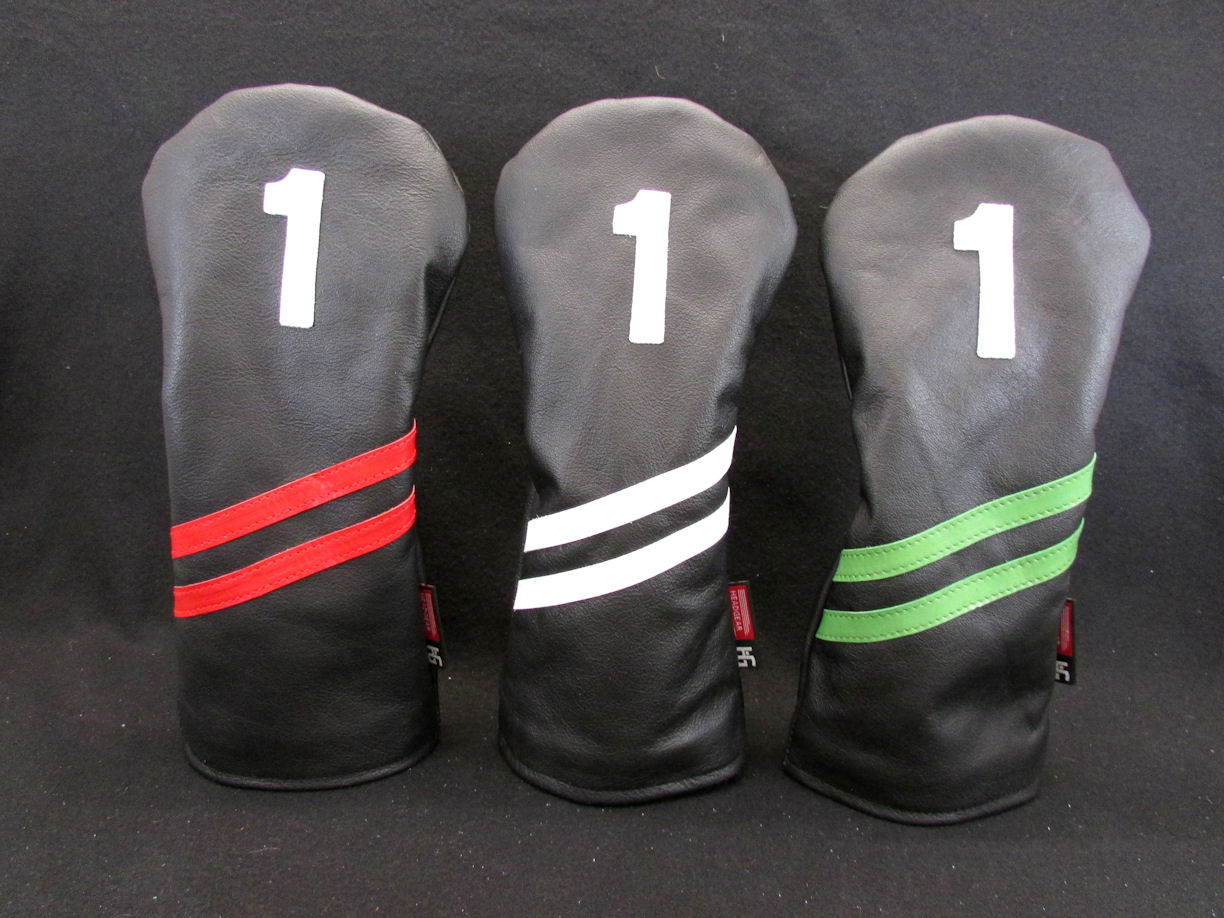 Smooth Grain Black Leather Headcover Set Choice of 3 stripes