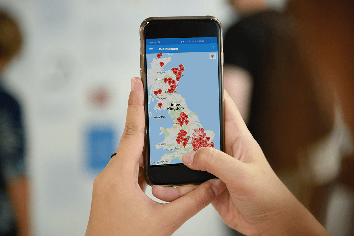 Defibrillator Phone app locates lifesaving first aid equipment