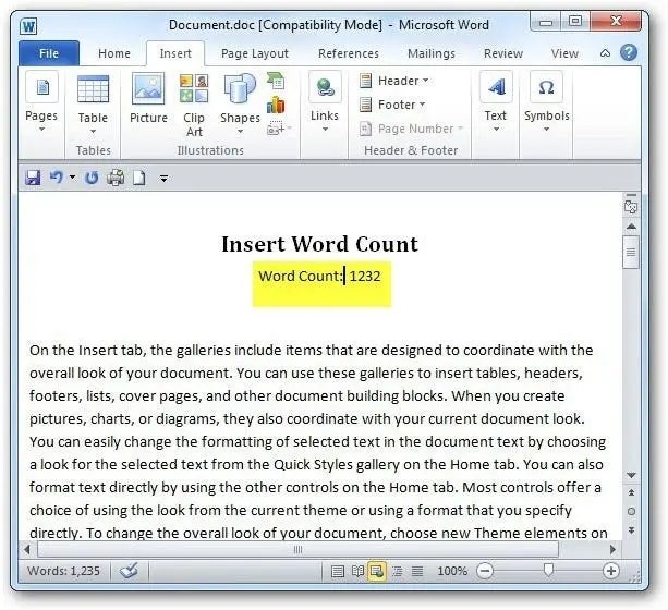 Hoe maak je een woordenteller in MS Word met behulp van veldcodes