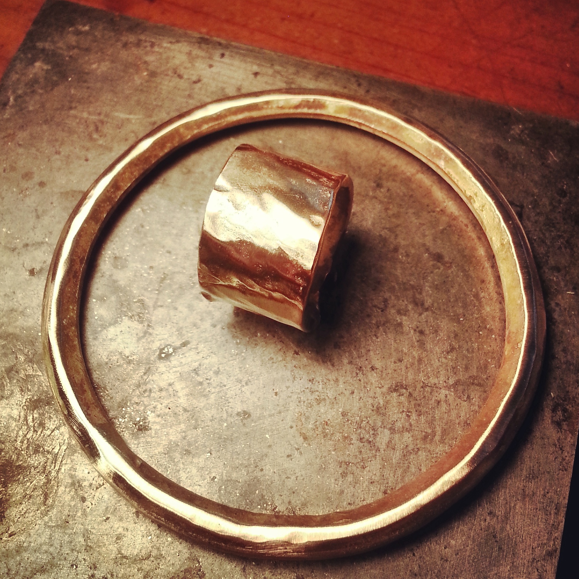 recycled gold jewelry hand bangle and wide band ring heather