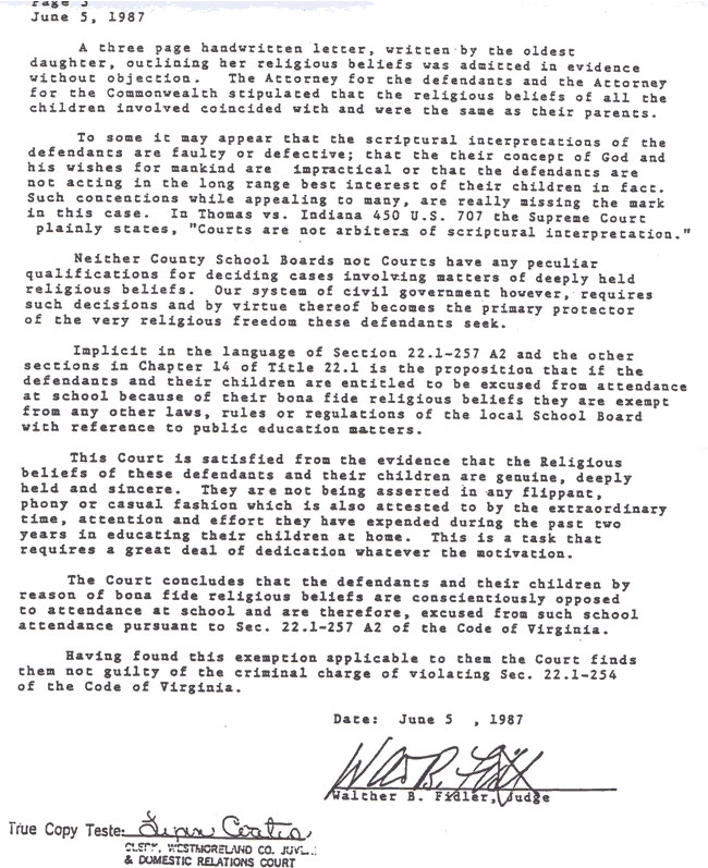 Religious Exemption—Judge Fidler's Opinion Page 1 Home Educators