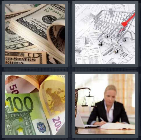 4 Pics 1 Word Answer for Dollars, Grocery, Euros, Lawyer